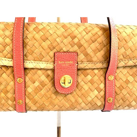 Kate Spade Wine / Picnic Basket shoulder bag Straw Wicker Rattan Pink trim - Picture 2 of 10